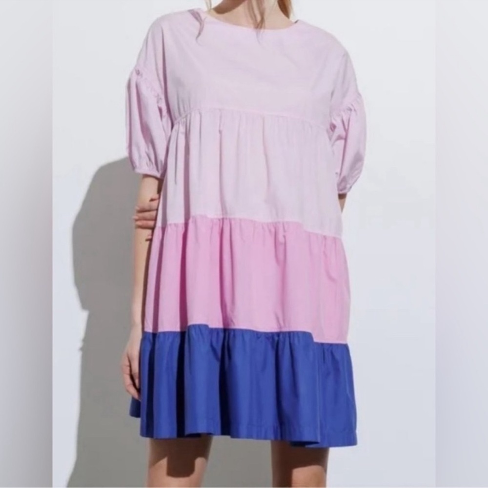 Aaron & Amber Tiered Colorblock Short Sleeve Babydoll Mini Dress Size Small - Picture 2 of 11